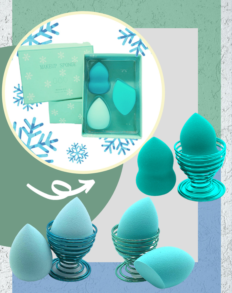 Factory source blue-green gradient 3-color gourd water drop diagonal cut beauty egg powder puff set beauty egg gift box pic 3