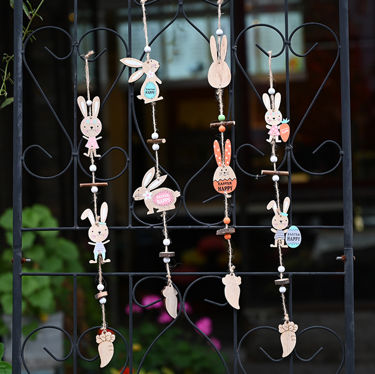 Haobei Easter Decorative Items, Easter wooden Double Rabbit Pendants, wooden Easter Egg pendants, hanging ornaments, wholesale pic 1