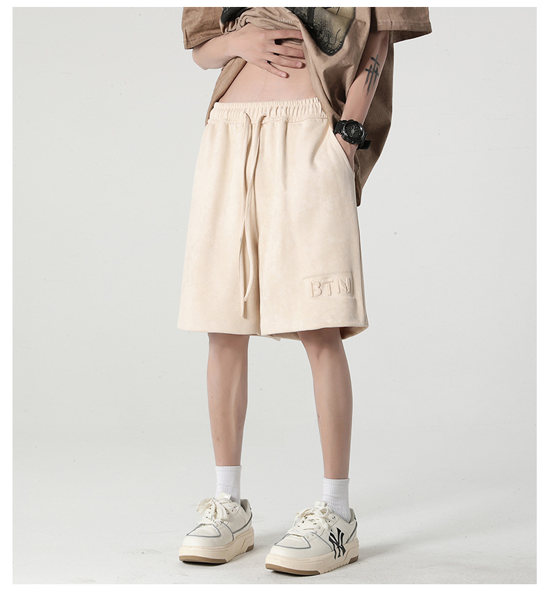 休闲短裤男生夏季新款麂皮绒宽松弹力五分裤美式钢印直筒运动裤子 pic 15