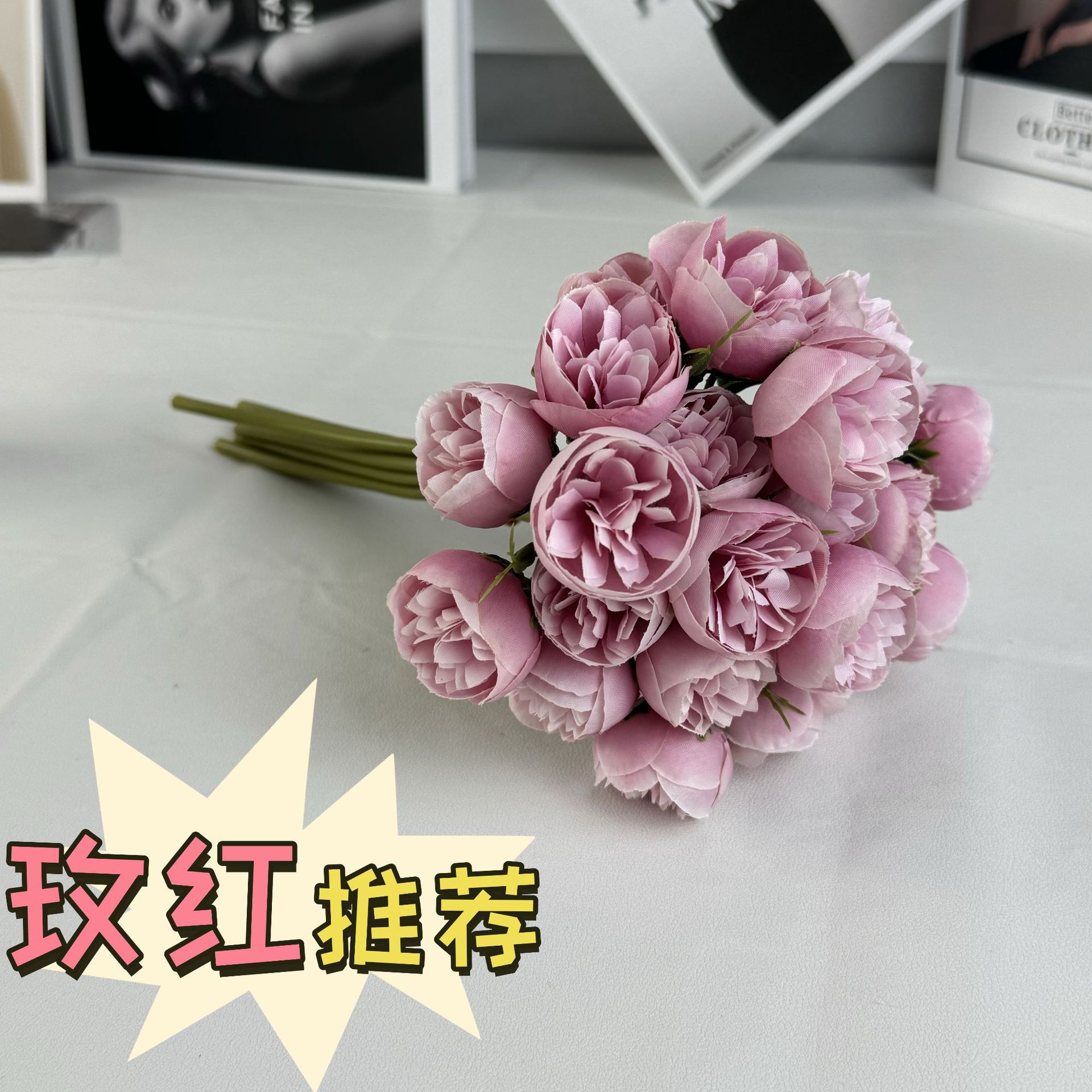 爆款仿真27头玫瑰手扎仿真花茶花小玫瑰手捧花假花套装家居摆件详情4