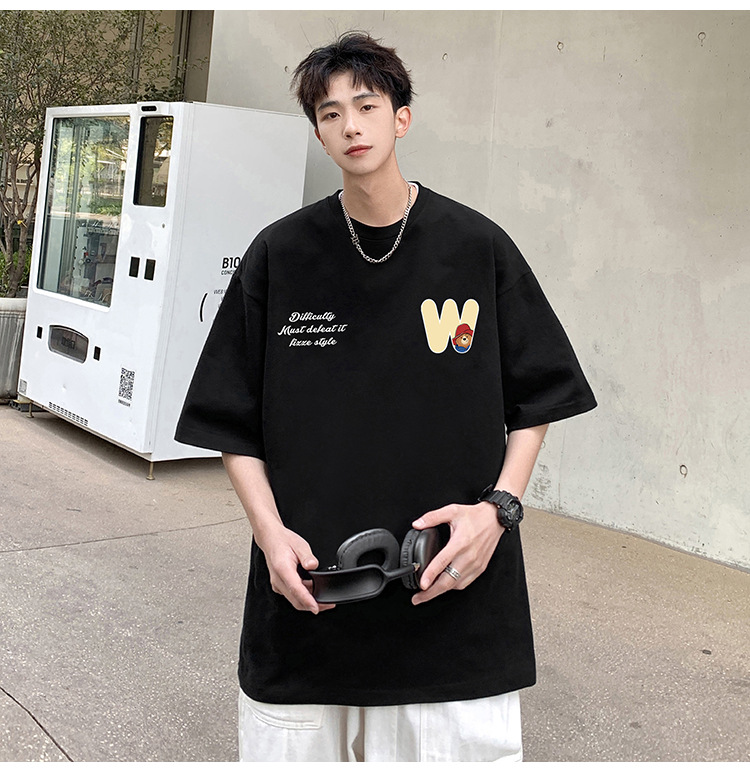 Camiseta de manga corta de estilo americano de algodón pesado hombre verano 2024 nuevo oso estampado estado de moda puerto estilo chico camiseta pic 4
