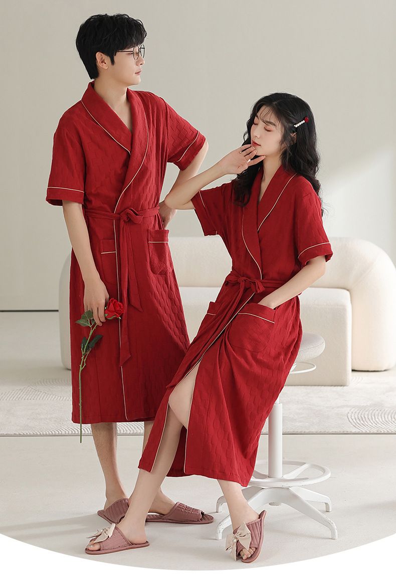 纯棉情侣睡衣夏季结婚新婚大码男士开衫长裤本命年红色家居服夏女详情18