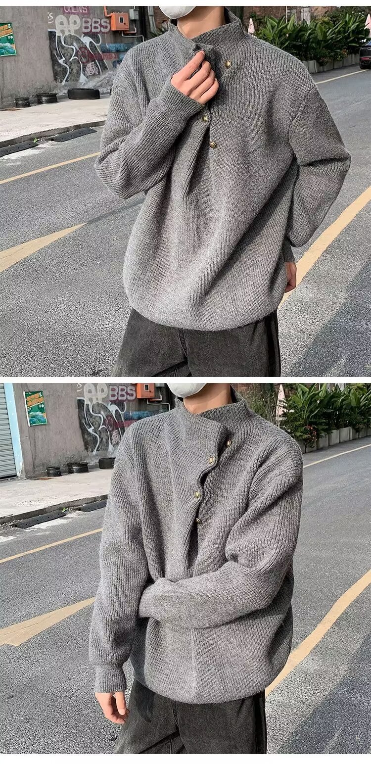 A high-neck sweater with an irregular button design, a stylish and laid-back oversized knitted top from a Korean streetwear brand pic 11