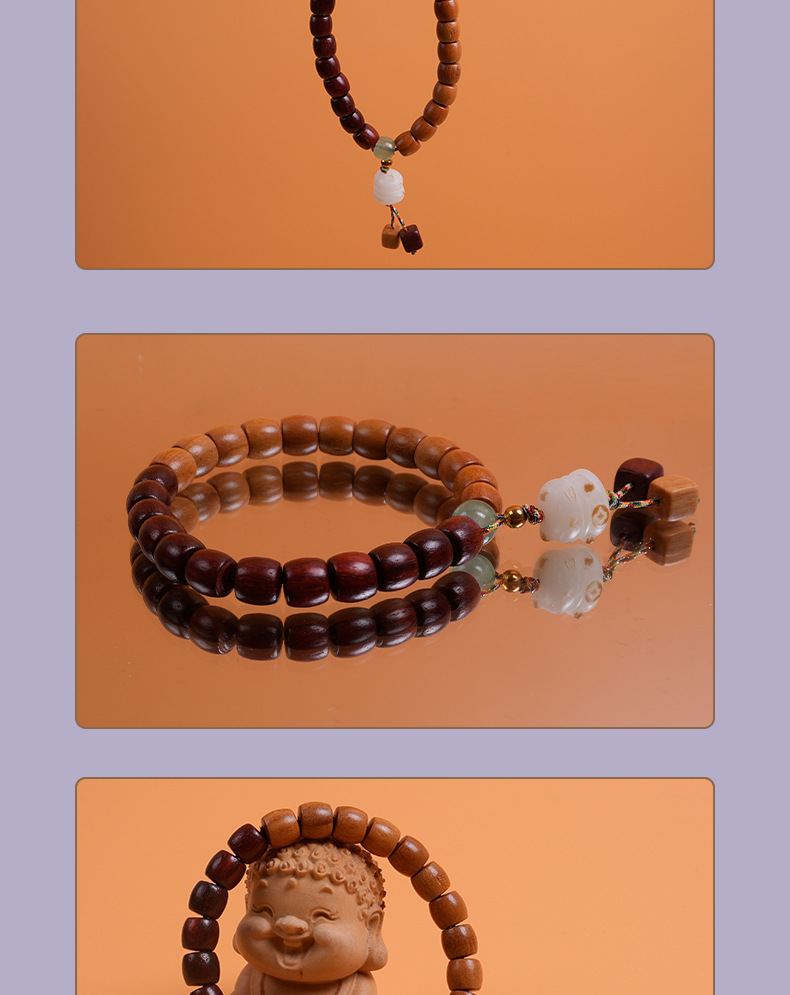 Retro blood sandalwood and sandalwood wood barrel bead single-loop bracelet, sandalwood mixed style couple bracelet, charcharcoal maneki Neki pendant, cultural and artistic bracelet, cultural and artistic Buddhist prayer beads pic 9