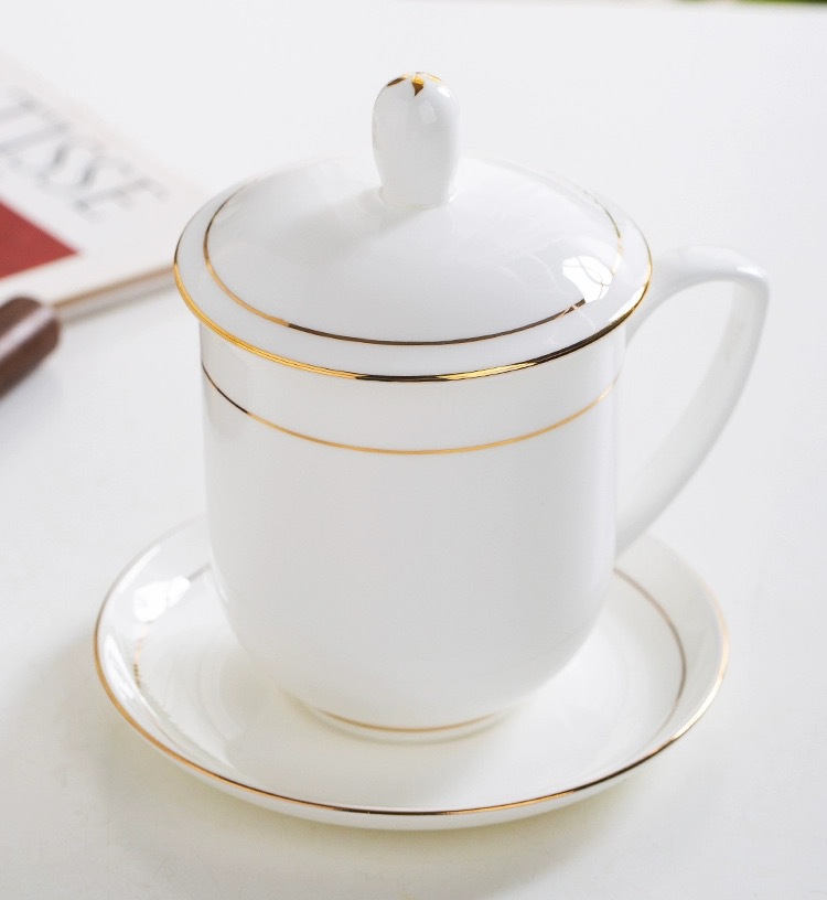 Hotel and guesthouse mugs, office and guest room ceramic pure white tea cups with LIDS, drinking cups printed with logos pic 12