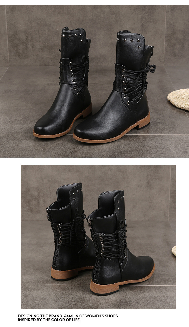 跨境外贸中筒靴女秋冬新款欧美柳钉低跟骑士靴纯色后拉链女式皮靴详情6
