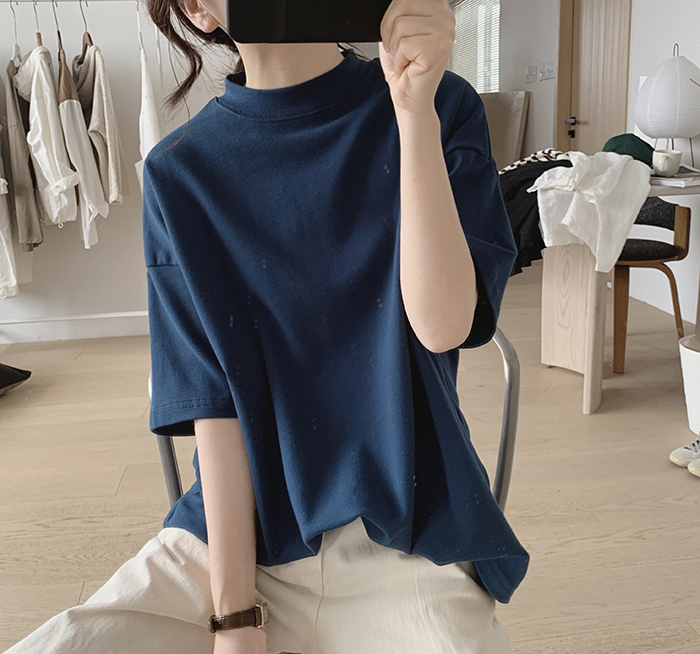 琪镌绘制半高领t恤女式春夏季新款宽松显瘦韩版简约半袖减龄棉质详情16