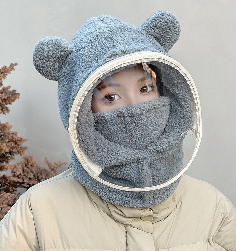防风帽子带面罩女冬季骑车围脖一体帽加厚保暖护耳可爱小熊套头帽详情22