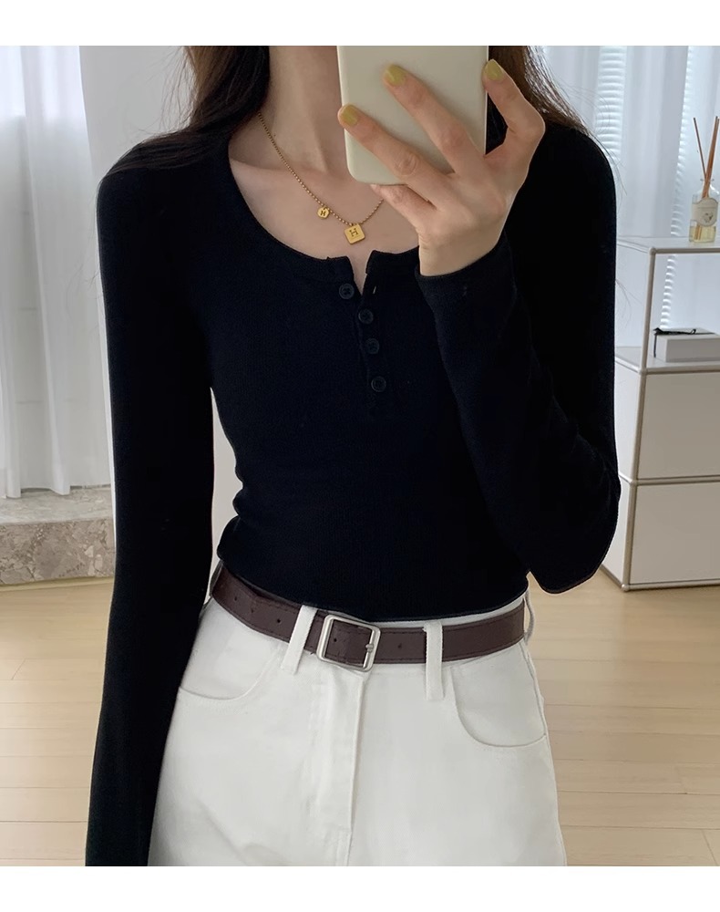 白色长袖t恤女2023秋装新款女装内搭上衣正肩体恤螺纹V领打底衫详情25