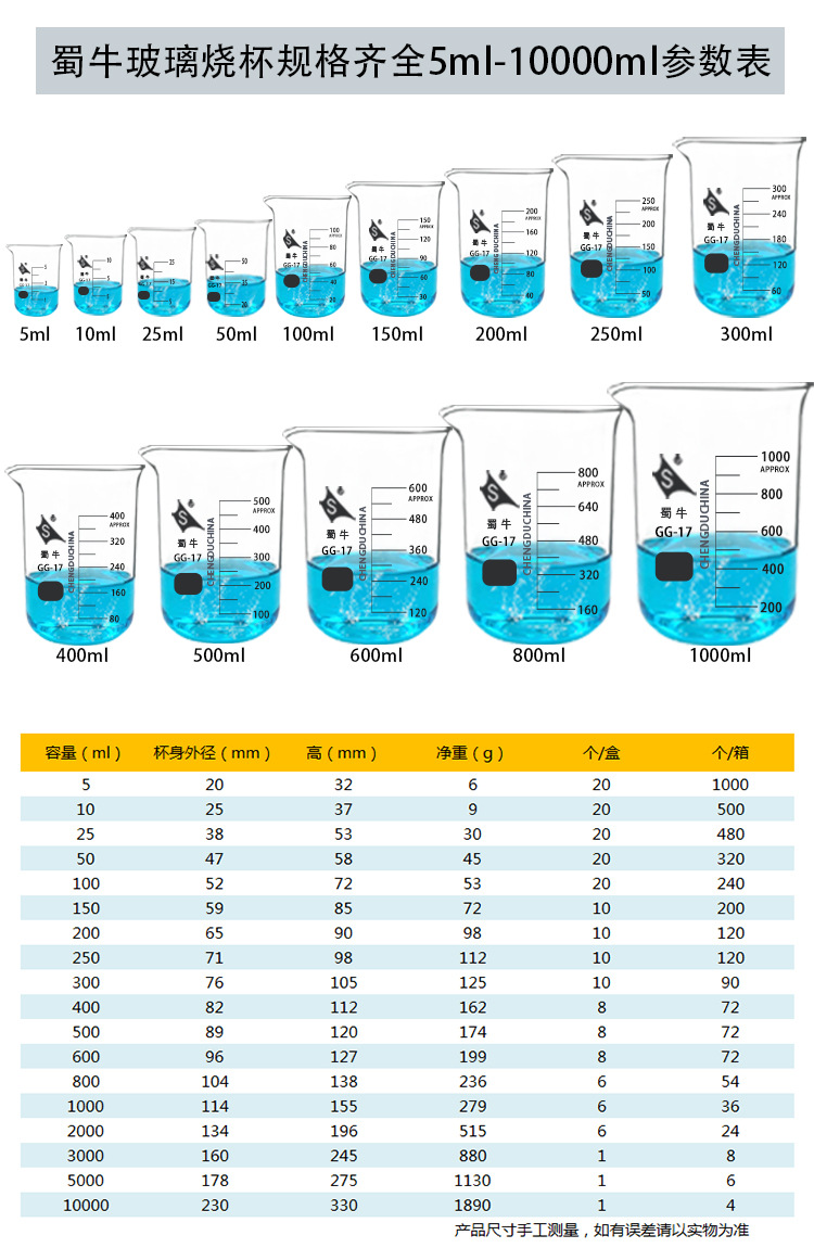 玻璃烧杯蜀牛烧杯 25ml50ml100ml250ml500ml玻璃量杯化学实验烧杯详情3