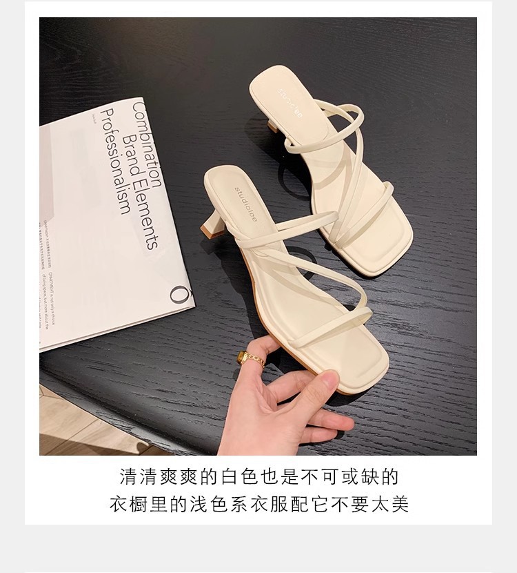 羊皮版法式细带方头显瘦高跟凉拖鞋女夏新款仙女风露趾罗马凉鞋女详情6