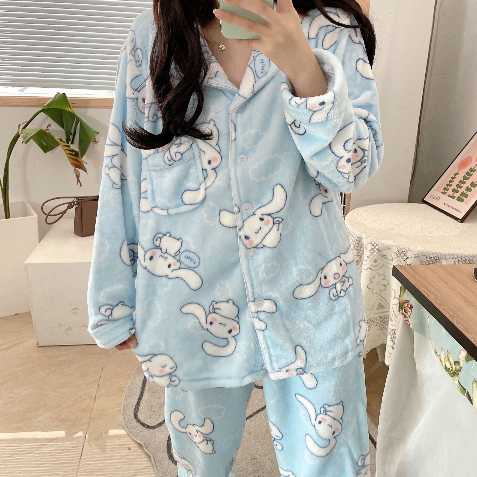 冬季法兰绒女士睡衣翻领开衫长袖长裤少女卡通可爱保暖家居服套装详情38
