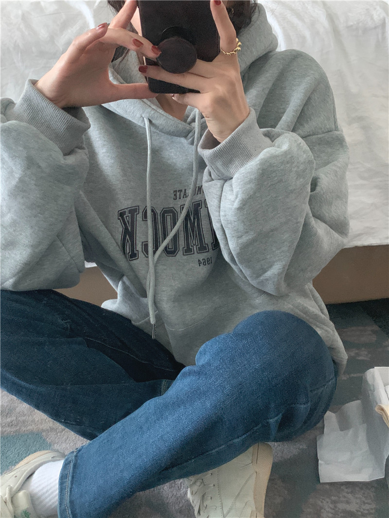 Letter-printed pullover with fleece hooded sweatshirt for women 2023 autumn/Winter new style Korean loose and versatile long-sleeved top pic 79