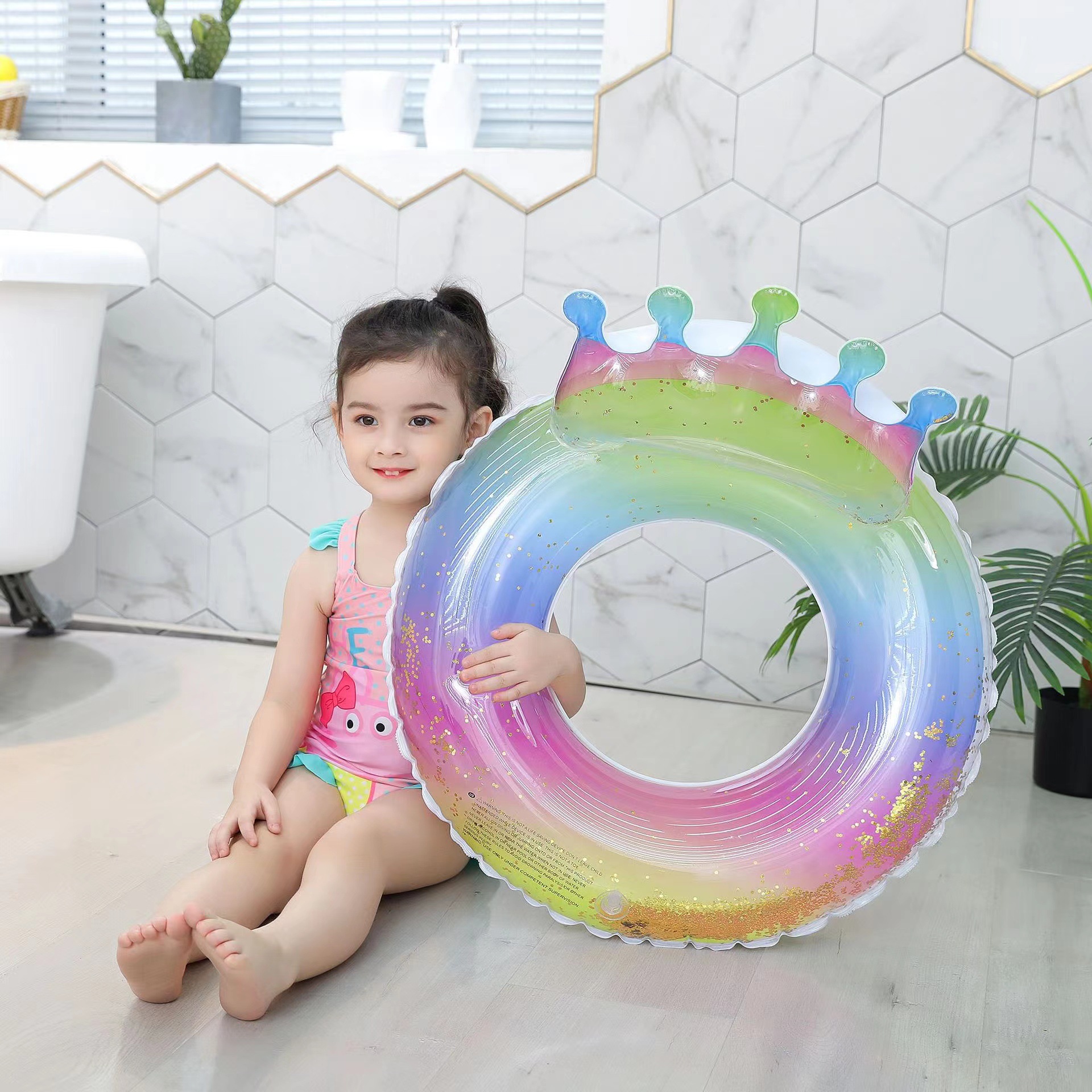 Inflatable rainbow sequined swimming rings, cross-border water products, crown sequined swimming rings pic 4