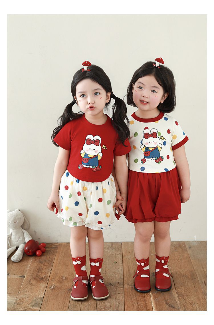 吾里卜一 女童小兔印花半袖T恤2024夏季儿童甜美可爱撞色短袖体恤详情8