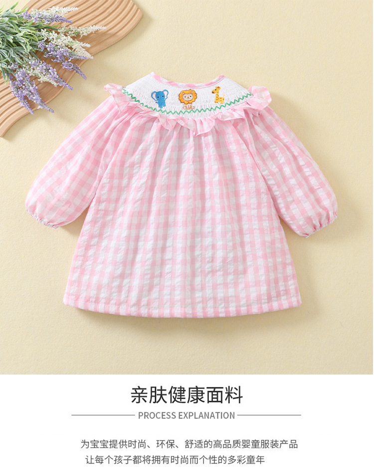 春秋款女童连衣裙粉色格子童裙洋气动物园刺绣打揽公主裙外贸跨境详情1