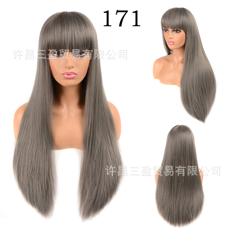 Wholesale of European and American cross-border wigs with straight bangs and long, straight hair made of high-temperature synthetic fiber pic 5