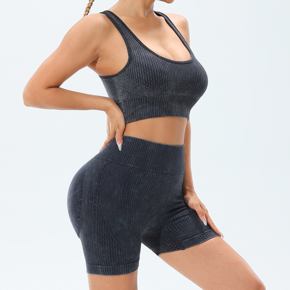 无缝砂洗蜜桃臀短裤文胸套装高腰提臀瑜伽三分裤水洗紧身短裤两件详情8