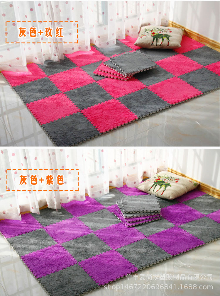 The bedroom is fully carpeted, with a plush bedside blanket in an ins style. The living room is covered with foam floor MATS and a patchwork blanket pic 15