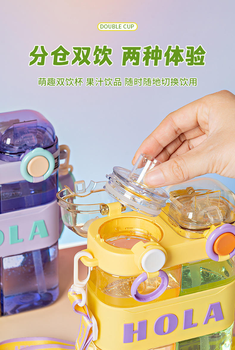 8614新款双饮杯塑料水杯吸管杯小学生可爱大容量防摔斜挎便携喝水杯详情4