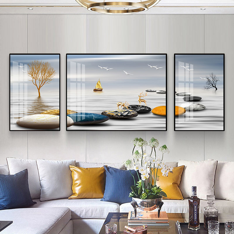 The living room is decorated with a three-panel painting, the bedroom has a sofa background, wall paintings, light luxury room hanging paintings, crystal porcelain paintings, and Nordic murals pic 12