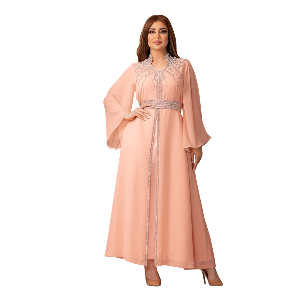 XQY500090 Foreign trade Arab robe, Middle East kaftan fashion Hot diamond belted chiffon dress pic 18