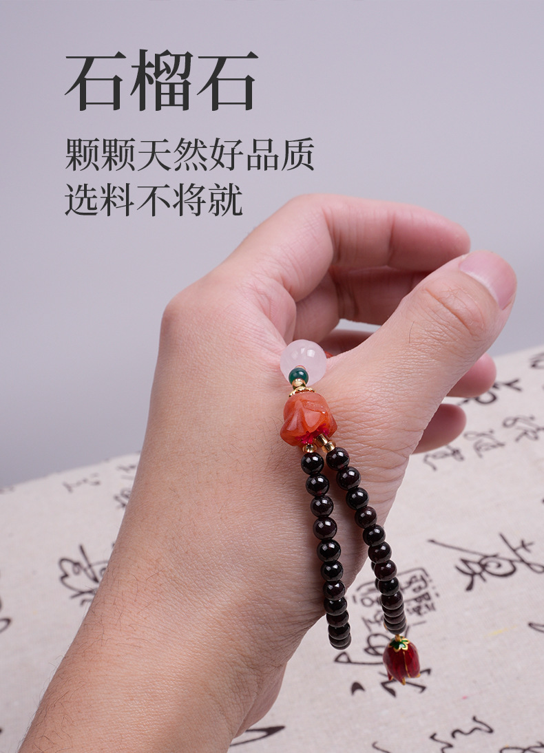 彩色醒狮铃铛莲花手串玉石带玛瑙莲花吊坠手链双层串珠弹力手链女详情5