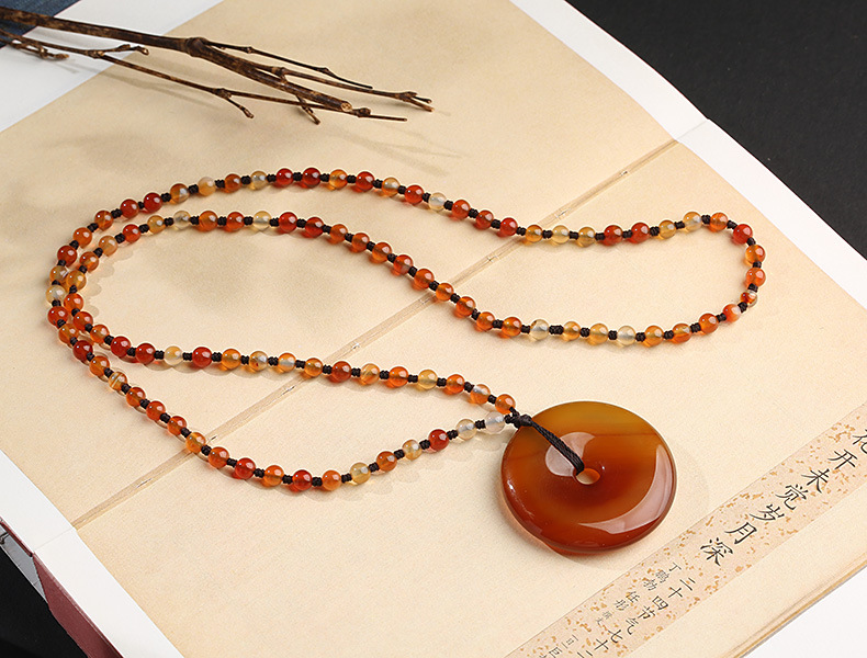Wholesale of natural red chalcedony necklace, chalcedony peace pendant, all-agate sweater chain, simple and retro peace pendant pic 9