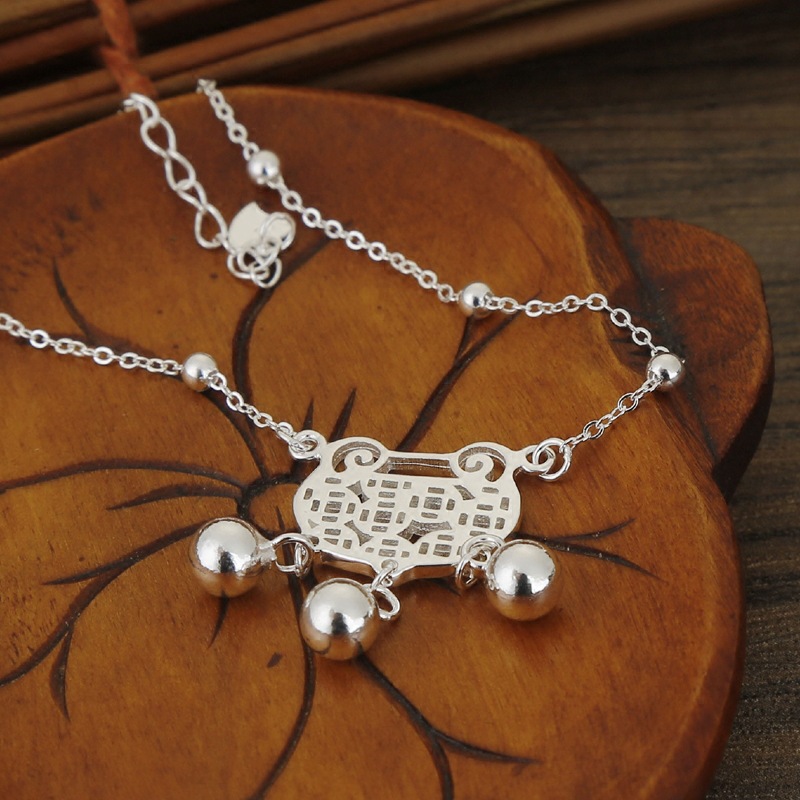 新款银长命锁铃铛脚链女990时尚珠子祥云锁脚饰复古足链脚踝链详情14