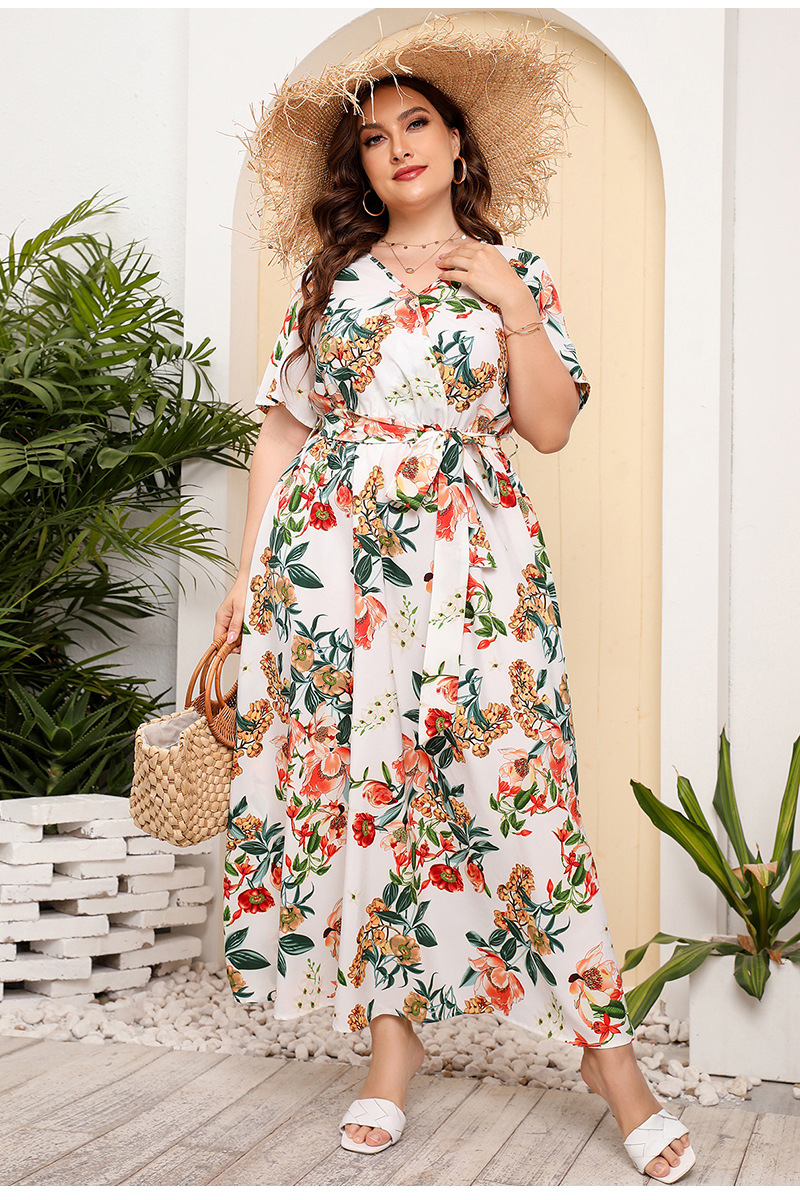 2024 Cross-border new French-style elegant plus-size dress with a V-neck, short sleeve and cinched waist, featuring a simple floral design pic 18