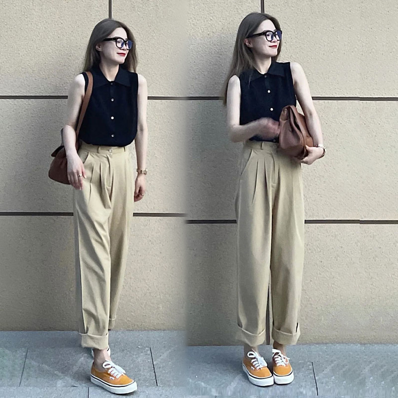 High-waisted straight-leg khaki suit pants for women, summer thin pants, wide-leg sport sweatpants, casual Harun long pants pic 4