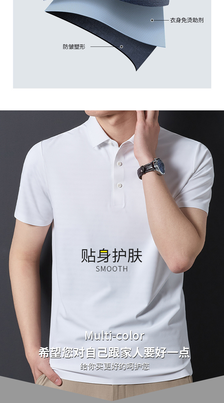 Short-sleeved T-shirt for men, seamless, glue-free, non-ironing, silk-smooth, high-elasticity business casual, slimming polo shirt for men pic 4