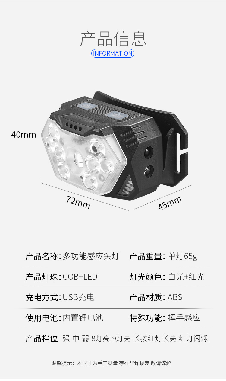 High-intensity sensor headlamp for fishing, camping, hiking, charging, ultra-bright and ultra-long battery life, head-mounted lighting flashlight pic 3