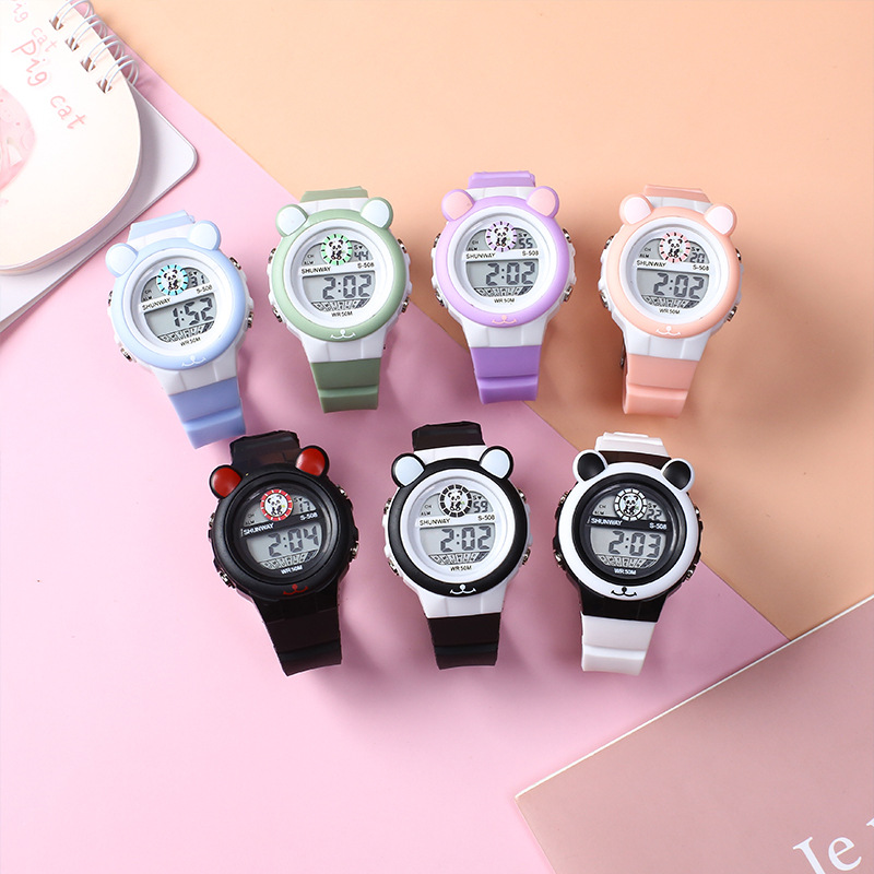 新款现货熊猫卡通儿童电子手表学生党防水夜光多功能闹钟电子表详情1