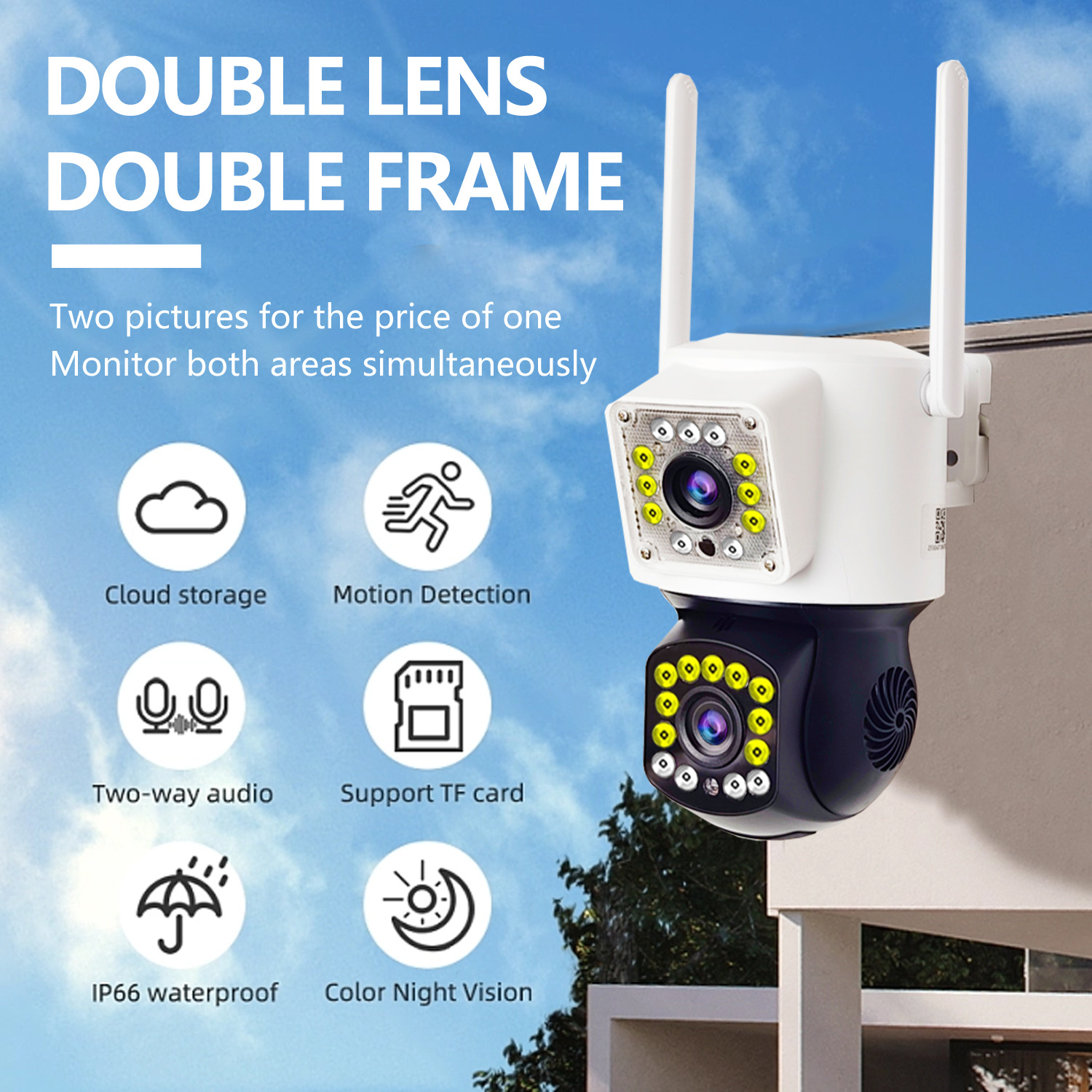 Cross-border panoramic no-blind spot monitor, outdoor mobile phone remote dual wide-angle dual-screen gun-ball linkage camera pic 1