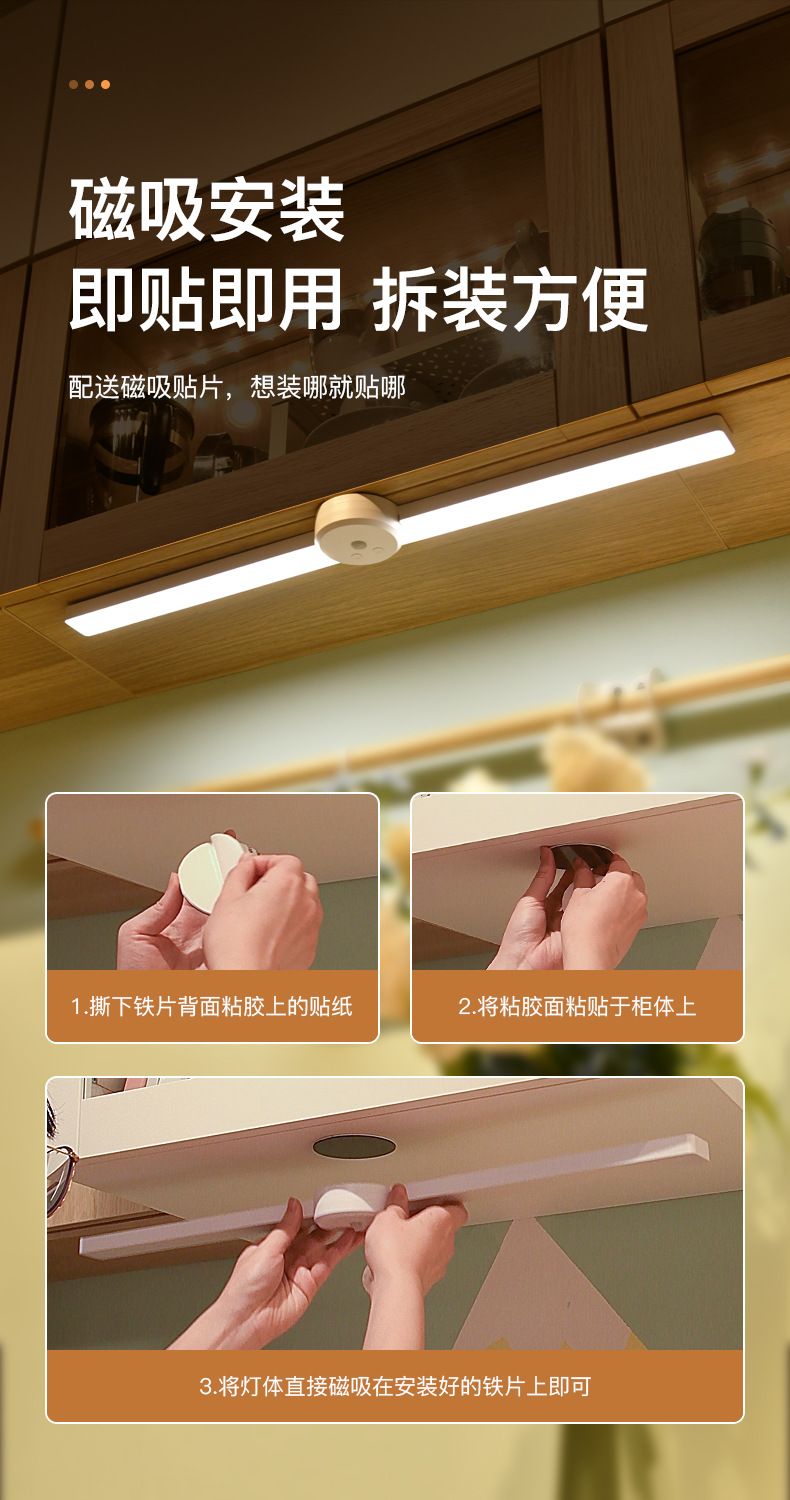 跨境新款橱柜灯带折叠自动人体感应灯衣柜子酒柜长条灯条磁吸壁灯详情5