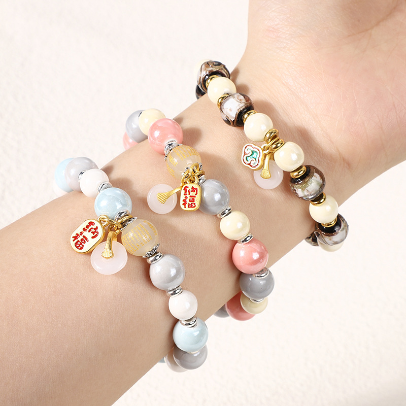 Classical incense ash porcelain glazed heart bracelet Macaron series wealth and good fortune bracelet for men and women single-circle cultural and artistic jewelry pic 2