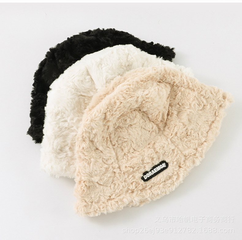 秋冬款仿兔毛黑标字母渔夫帽女水桶帽潮流款时尚百搭毛绒保暖盆帽详情7