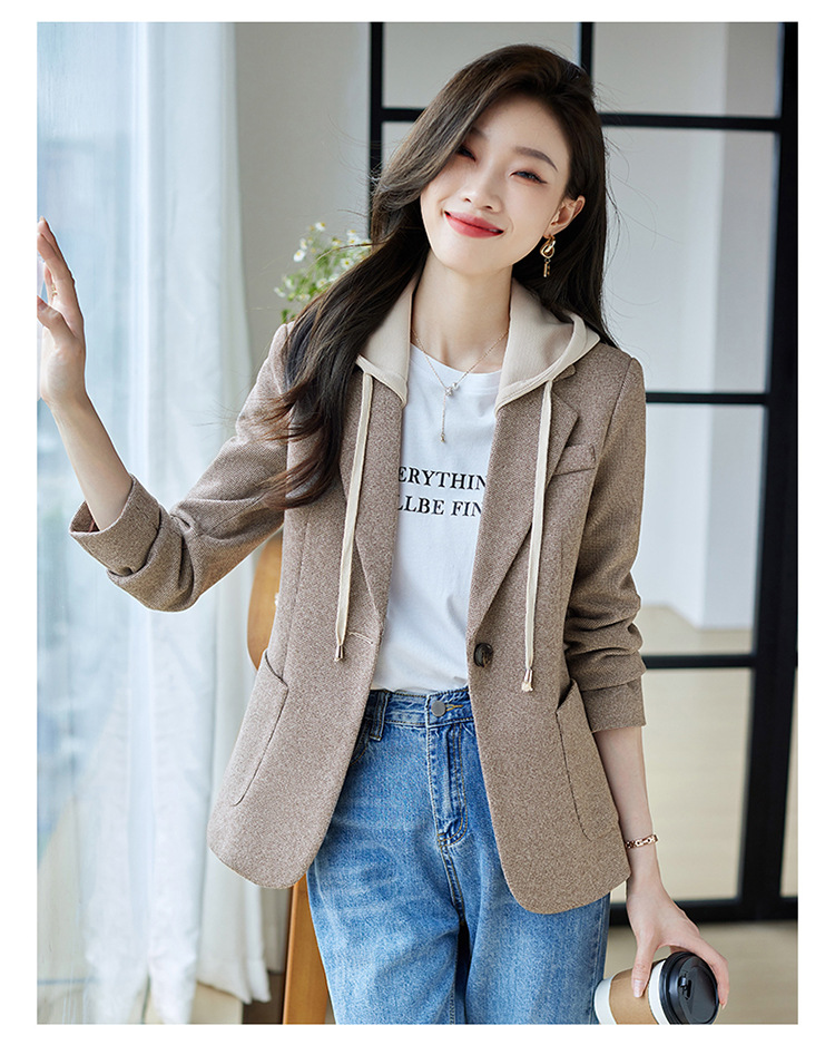 休闲假两件连帽西装外套女式春秋新款韩版高级格纹设计感西服上衣详情17