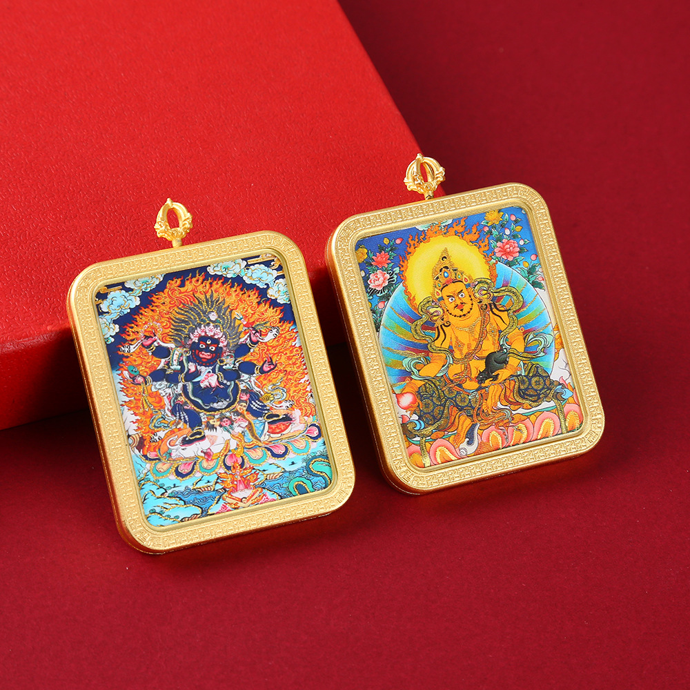 藏式半手绘双面唐卡吊坠 扎基拉姆唐卡 五台山龙五爷黄铜工艺品详情3