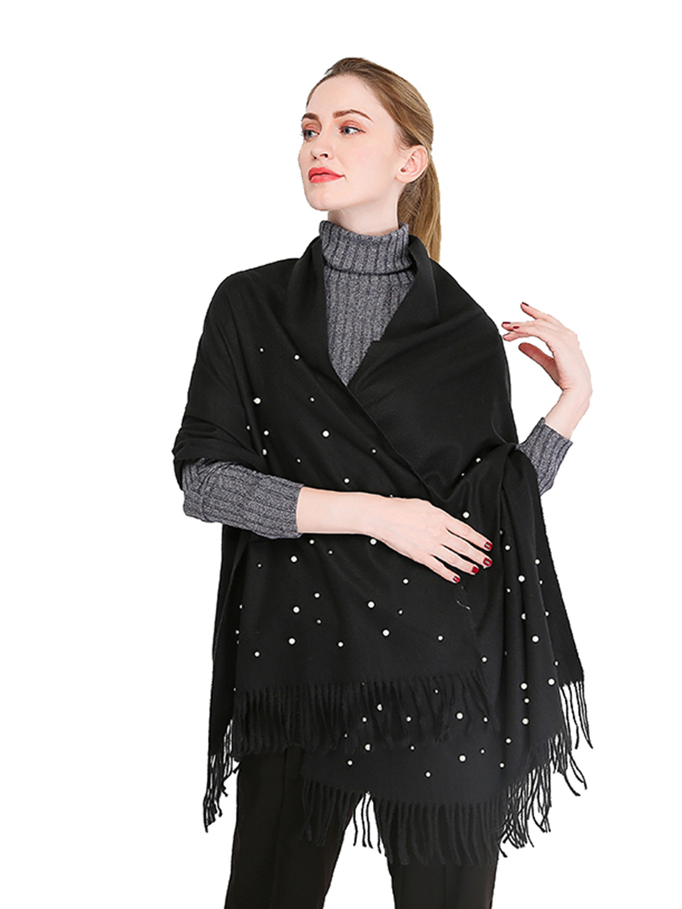 欧美热销 新款秋冬仿羊绒纯色刺毛钉珠披肩加厚保暖流苏女士围巾详情4