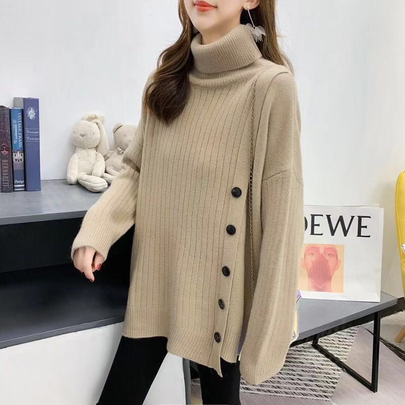 A new Korean style high-neck sweater for women in the autumn and winter of 2023, a loose and laid-back mid-length irregular knitted top pic 20