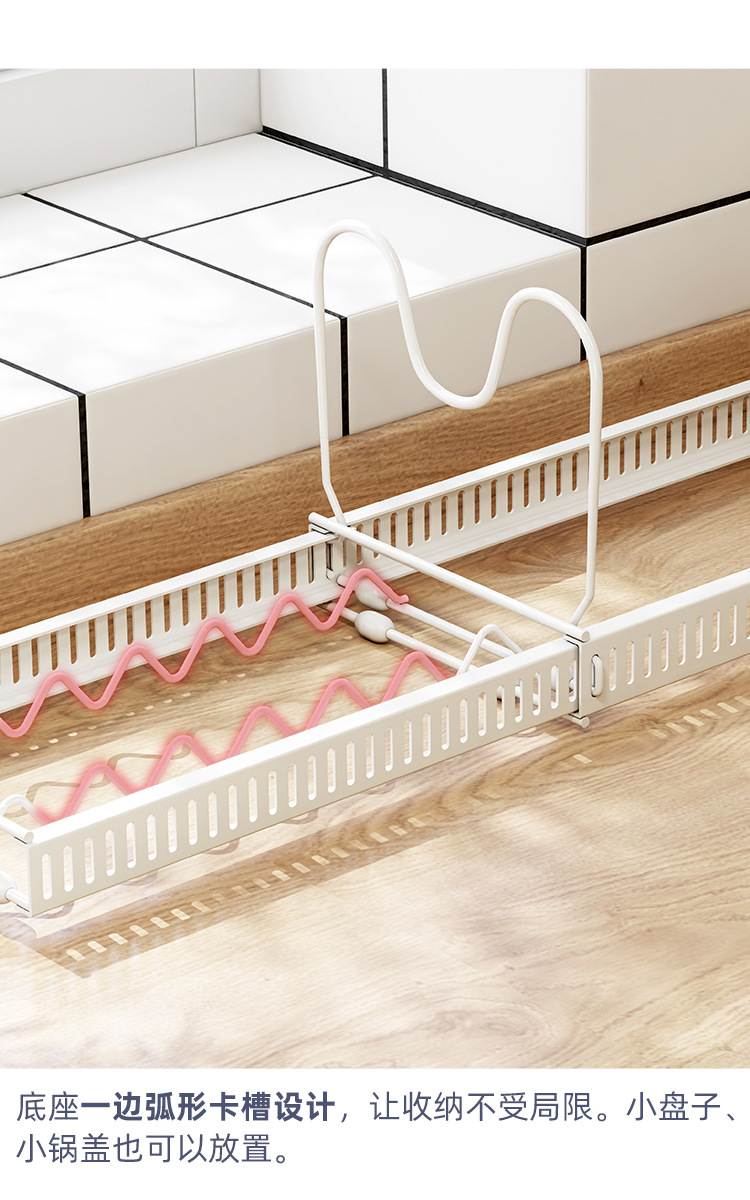 The adjustable kitchen storage rack can store multiple layers of kitchenware, cutting boards, cutting boards, pot LIDS, pot racks and other items. It is a telescopic storage rack pic 30
