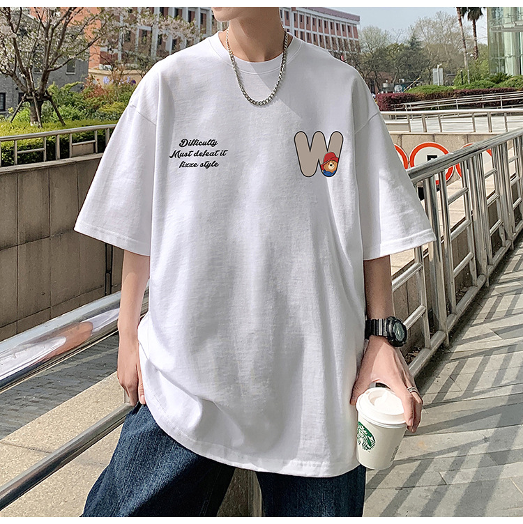 Camiseta de manga corta de estilo americano de algodón pesado hombre verano 2024 nuevo oso estampado estado de moda puerto estilo chico camiseta pic 29