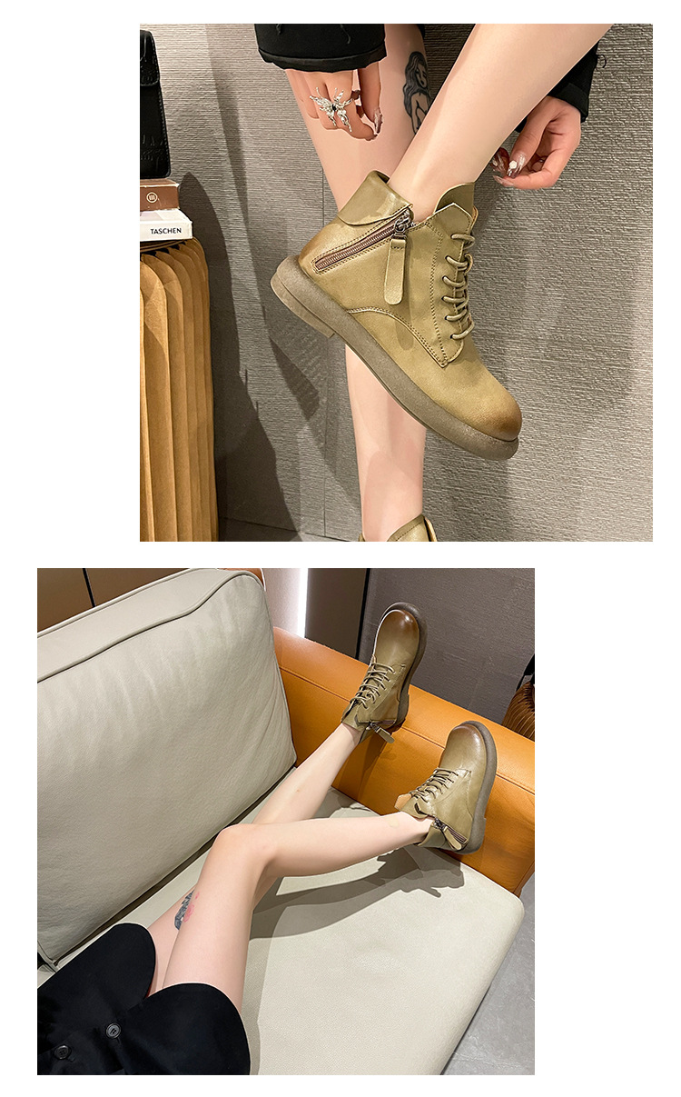 2023水洗复古真软皮马丁靴女 平底韩版双侧拉链女式皮靴子休闲女详情7