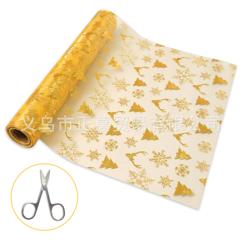 新款现代简约时尚创意大方高级感圣诞桌旗欧根纱烫金色雪花鹿头节日餐桌装饰材料桌布桌旗详情1