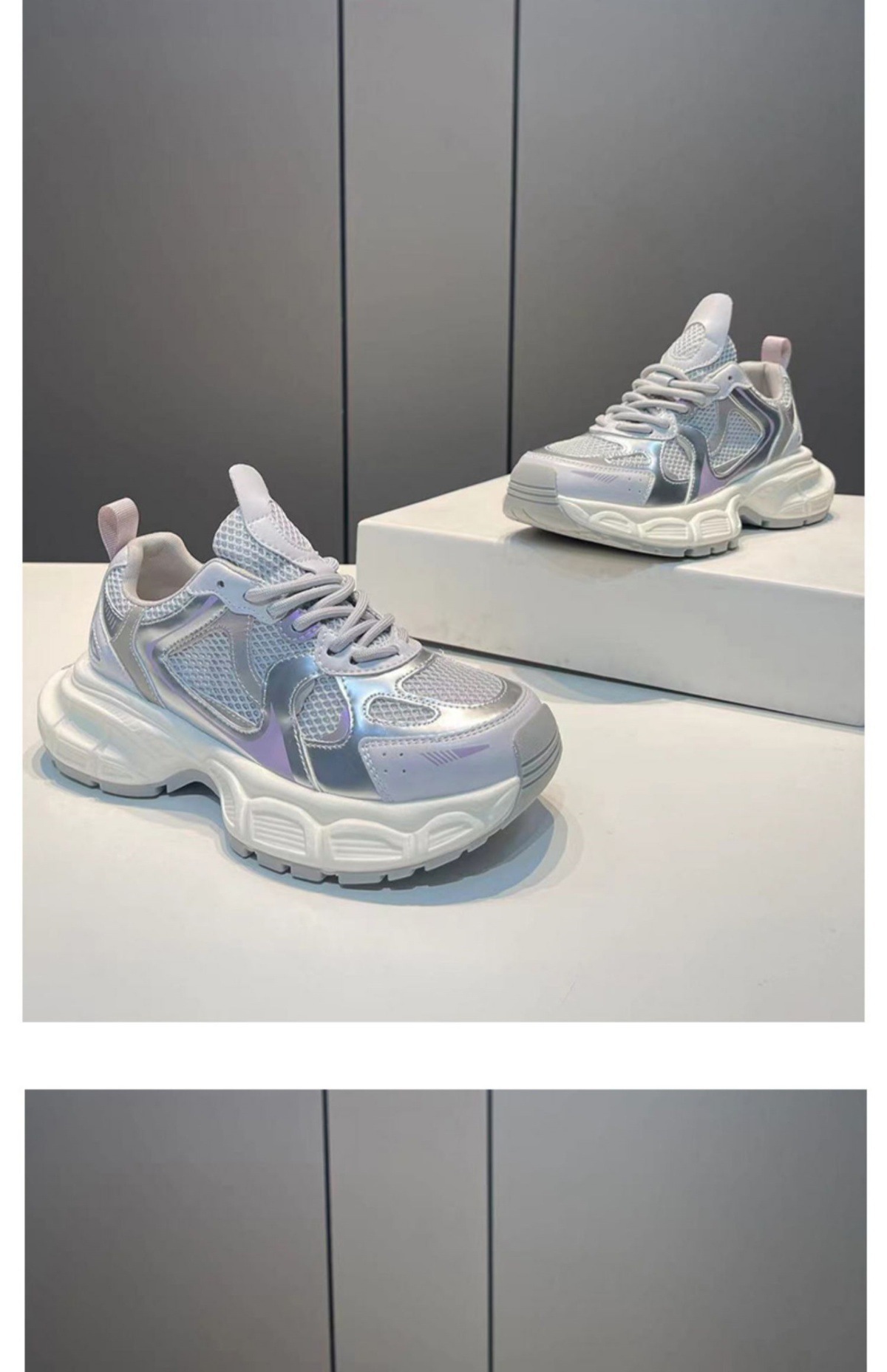 欧洲站厚底老爹鞋女2024新款荧光银色小白鞋春夏秋冬季透气运动鞋详情9