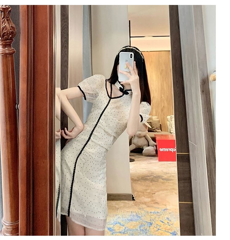 法式波点改良旗袍连衣裙洋气减龄高腰显瘦设计感可盐可甜裙子夏季详情7