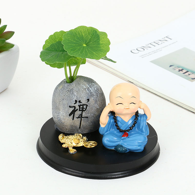 汽车小摆件禅意古风荷叶仿真绿植铜钱草佛珠小和尚车载中控台装饰详情4