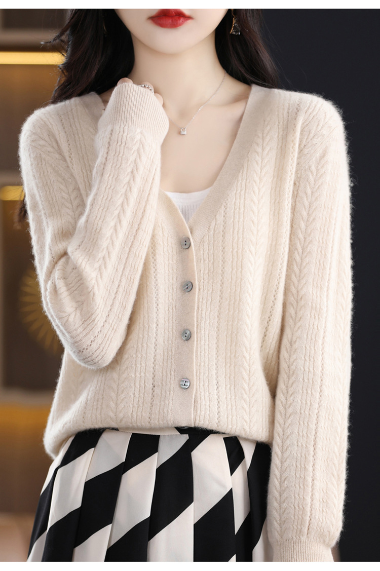 绒狼2023秋冬新款女士V领羊毛针织麻花开衫宽松长袖短款外套女详情7